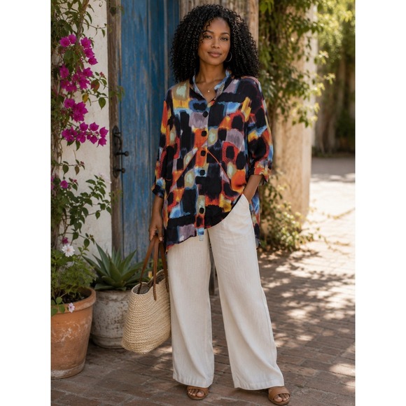 Ali Miles Tops - Ali Miles 1X Abstract Print Button Up Shirt Roll Tab Sleeve Artsy Boho Lagenlook
